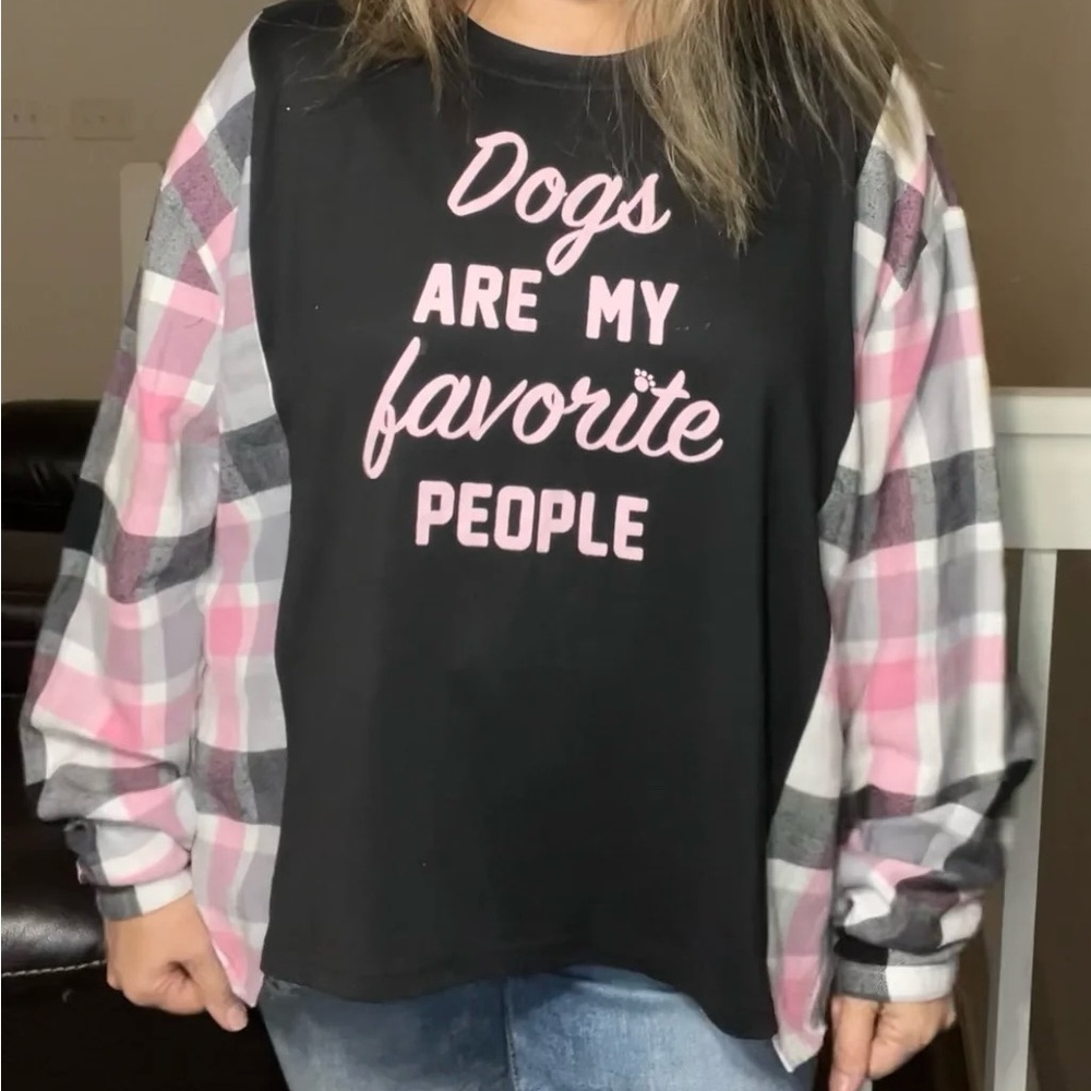 MadiMac Fashions - Reworked / Upcycled sweatshirt with flannel sleeves